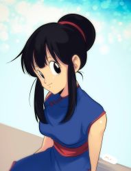 Rule 34 | 1girl, 2525 mituki, absurdres, aqua background, arms at sides, bare arms, bare shoulders, black eyes, black hair, blue background, blue dress, blunt bangs, breasts, chi-chi (dragon ball), china dress, chinese clothes, commentary request, dragon ball, dragon ball (classic), dress, eyelashes, gradient background, hair between eyes, hair bun, happy, highres, looking away, medium breasts, shiny skin, simple background, single hair bun, sitting, sleeveless, sleeveless dress, smile, solo, upper body, white background