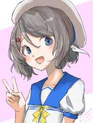 Rule 34 | 1girl, blue sailor collar, bow, commentary request, double bun, dress, grey eyes, grey hair, hair bun, hair ribbon, hat, highres, kaiboukan no. 30 (kancolle), kantai collection, looking at viewer, one-hour drawing challenge, ribbon, sailor collar, sailor dress, sailor hat, short hair, simple background, solo, umibudou, upper body, v, white dress, white hat, yellow bow