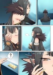 Rule 34 | 1girl, ?, blush, breasts, bridal gauntlets, comic, fate/grand order, fate (series), frills, fur trim, ginhaha, large breasts, long hair, looking outside, pointy ears, semiramis (fate), sideboob, sigh, solo, spoken question mark, summon ticket (fate), tears, ticket, very long hair, yellow eyes