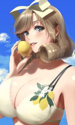 Rule 34 | 1girl, absurdres, bikini, blue sky, breasts, brown hair, cloud, cloudy sky, collarbone, commentary request, curly hair, day, food, fruit, green eyes, hair ribbon, haruka (senran kagura), highres, holding, holding food, holding fruit, large breasts, lemon, lemonrou, looking at viewer, outdoors, parted lips, ribbon, senran kagura, senran kagura estival versus, senran kagura shinovi versus, sky, smile, solo, swimsuit, upper body, white bikini