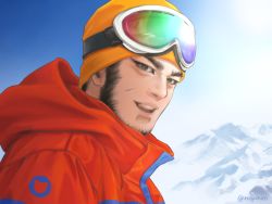 Rule 34 | 1boy, alternate costume, beard, black eyes, black hair, contemporary, facial hair, facial scar, goggles, goggles on head, golden kamuy, hood, hood down, long sideburns, looking at viewer, male focus, mountain, nopinzo, scar, scar on cheek, scar on face, short hair, sideburns, smile, solo, tanigaki genjirou, thick eyebrows, upper body, winter clothes