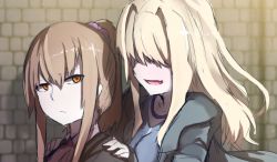 Rule 34 | 2girls, :d, absurdres, bad id, bad twitter id, blonde hair, blue shirt, brick wall, brown eyes, brown hair, commentary request, day, fang, grey jacket, hair between eyes, hair ornament, hair over eyes, hair scrunchie, hands on another&#039;s shoulders, high ponytail, highres, jacket, long hair, long sleeves, looking at viewer, multiple girls, open clothes, open jacket, open mouth, original, outdoors, parted lips, pink scrunchie, ponytail, protected link, scrunchie, shirt, sidelocks, sleeves past wrists, smile, wada kazu