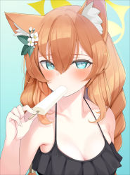 Rule 34 | 1girl, animal ear fluff, animal ears, aqua background, bare shoulders, bikini, black bikini, blue archive, blue eyes, blush, braid, breasts, cleavage, collarbone, eating, fed (giba), flower, food, food in mouth, frilled bikini, frilled one-piece swimsuit, frilled swimsuit, frills, hair between eyes, hair flower, hair ornament, halo, highres, holding, holding food, long hair, looking at viewer, mari (blue archive), mari (swimsuit) (blue archive), medium breasts, one-piece swimsuit, orange hair, paid reward available, popsicle, simple background, solo, sweatdrop, swimsuit, upper body, very long hair