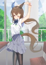 Rule 34 | 1girl, absurdres, admire vega (umamusume), animal ears, arms up, black pantyhose, blue bow, blue bowtie, blue sky, bow, bowtie, brown hair, chair, collared shirt, commentary request, curtains, ear covers, gorioshi0802, grey skirt, highres, horse ears, horse girl, horse tail, long hair, looking at viewer, one eye closed, pantyhose, plaid, plaid skirt, pleated skirt, ponytail, red eyes, shirt, short sleeves, single ear cover, skirt, sky, solo, standing, stretching, tail, tree, umamusume, white shirt, window