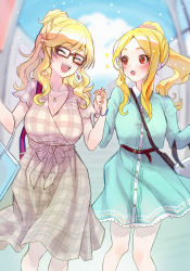 Rule 34 | 2girls, :d, :o, blonde hair, blue dress, blue sky, blush, breasts, cleavage, closed mouth, commentary request, dress, earrings, closed eyes, fujima (k114), grey dress, highres, holding hands, idolmaster, idolmaster cinderella girls, jewelry, large breasts, looking at another, mochizuki hijiri, multiple girls, ohtsuki yui, open mouth, plaid, plaid dress, ponytail, red eyes, sky, smile