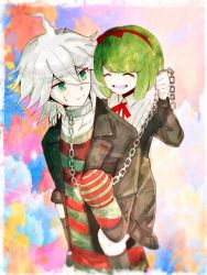 Rule 34 | 1boy, 1girl, age difference, ahoge, arm up, awkward, black coat, black jacket, bow, calf socks, carrying, carrying person, chain, child, closed eyes, coat, collar, collarbone, colorful, danganronpa (series), danganronpa another episode: ultra despair girls, frown, green eyes, green hair, green stripes, hair ribbon, hairband, hand up, headband, headwear request, holding, holding leash, jacket, knees, knees up, komaeda nagito, leaning forward, leash, long hair, looking at another, mary janes, matching hair/eyes, messy hair, metal collar, mittens, multicolored background, nail polish, neck ribbon, open mouth, pants, piggyback, pocket, pointing, red background, red bow, red hairband, red headband, red headwear, red ribbon, red stripes, ribbon, servant (danganronpa), shirt, shoes, simple background, sitting, smile, striped clothes, striped shirt, sweat, sweatdrop, teeth, thighs, tongue, towa monaca, upper teeth only, white hair, zipper