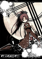 Rule 34 | 10s, 1girl, bare shoulders, bow, detached sleeves, dress, full moon, hair bow, jum (parallel parasol), light smile, long hair, looking at viewer, magical girl, mahou shoujo madoka magica, mahou shoujo madoka magica (anime), moon, polearm, red eyes, red hair, sakura kyoko, solo, spear, tsurime, weapon