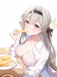 Rule 34 | 1girl, black hairband, bra, breasts, cleavage, commentary, eating, firefly (honkai: star rail), food, grey hair, hairband, highres, holding, holding food, holding plate, honkai: star rail, honkai (series), large breasts, long hair, long sleeves, looking at viewer, plate, purple eyes, shirt, simple background, solo, underwear, upper body, very long hair, white background, white bra, white shirt, xion32