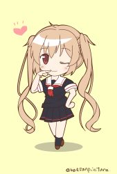 Rule 34 | 10s, 1girl, black serafuku, chibi, heart, highres, kantai collection, kneehighs, light brown hair, looking at viewer, mae (maesanpicture), murasame (kancolle), neckerchief, one eye closed, pleated skirt, red eyes, red neckerchief, school uniform, serafuku, shoes, skirt, socks, solo, twintails, twitter username
