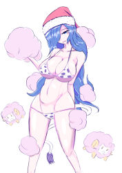 Rule 34 | 1girl, bad id, bad pixiv id, bare arms, bare shoulders, bikini, blob, blue eyes, blue hair, breasts, collarbone, commentary, doremy sweet, feet out of frame, groin, hair over one eye, halterneck, hand up, hat, head tilt, highres, holding, large breasts, long hair, looking at viewer, navel, nightcap, nuget, open mouth, polka dot, polka dot bikini, red hat, sheep, simple background, solo, standing, stomach, swimsuit, tail, tapir tail, thighs, touhou, very long hair, white background, white bikini
