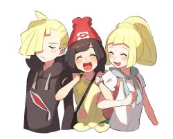 Rule 34 | 1boy, 2girls, arm hug, backpack, bag, beanie, black hair, blonde hair, brother and sister, closed eyes, creatures (company), game freak, gladion (pokemon), hair over one eye, hat, hood, hoodie, lillie (pokemon), long hair, long sleeves, multiple girls, nintendo, open mouth, pokemon, pokemon sm, ponytail, red hat, selene (pokemon), shirt, short hair, short sleeves, siblings, simple background, tied shirt, torn clothes, unapoppo, white background, white shirt, z-ring