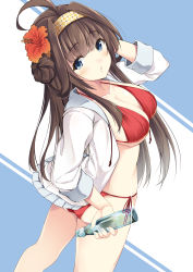 Rule 34 | 1girl, absurdres, ahoge, arm up, ass, bikini, blue eyes, blunt bangs, blush, bottle, breasts, brown hair, cleavage, cowboy shot, drawstring, flower, from above, hair bun, hair flower, hair ornament, hairband, hand in own hair, hazuki gyokuto, hibiscus, highres, holding, holding bottle, jacket, kantai collection, kongou (kancolle), legs apart, long hair, long sleeves, looking at viewer, looking up, medium breasts, open clothes, open jacket, ramune, red bikini, red ribbon, ribbon, side-tie bikini bottom, side bun, sidelocks, single hair bun, single side bun, solo, standing, string bikini, swimsuit, thighs, twisted torso, two-tone background, underboob, white jacket