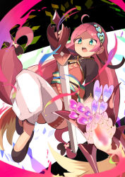 Rule 34 | 1girl, ahoge, aqua eyes, aqua sash, black footwear, blush, detached pants, hairband, harem pants, highres, holding, holding sword, holding weapon, ibuki leila, invisible chair, japanese clothes, kimono, magia record: mahou shoujo madoka magica gaiden, magical girl, mahou shoujo madoka magica, mikagami jun, multicolored background, open mouth, outline, pants, parted bangs, parted hair, pink hair, puffy pants, red kimono, sash, shoes, shrug (clothing), sitting, sleeves past elbows, solo, sword, teeth, two-tone sash, upper teeth only, v-shaped eyebrows, weapon, white outline, white pants, yellow sash