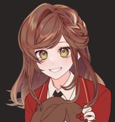 Rule 34 | 1girl, :d, bad id, bad twitter id, black background, brown hair, collared shirt, green eyes, grin, hair ornament, jacket, long hair, long sleeves, looking at viewer, open mouth, red jacket, rosa (tears of themis), shirt, shugari100, simple background, smile, solo, tears of themis, teeth, white shirt