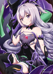 Rule 34 | 1girl, bare shoulders, black footwear, black gloves, boots, breasts, bronya zaychik, bronya zaychik (herrscher of reason), crossover, daidailong, dress, drill hair, gloves, grey eyes, grey hair, highres, honkai (series), honkai impact 3rd, long hair, looking at viewer, neon genesis evangelion, parted lips, project bunny, purple dress, small breasts, solo, thigh boots, twin drills, very long hair