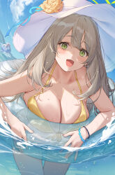 Rule 34 | 2girls, afloat, ahoge, arl, bikini, blue archive, blue sky, blush, breast press, breasts, chibi, cleavage, cloud, collarbone, day, flower, green eyes, halo, hat, hat flower, highres, hoshino (blue archive), hoshino (swimsuit) (blue archive), in water, inflatable toy, innertube, large breasts, long hair, looking at viewer, multiple girls, nonomi (blue archive), nonomi (swimsuit) (blue archive), ocean, official alternate costume, open mouth, outdoors, partially submerged, partially underwater shot, pink hair, ripples, sky, smile, splashing, sun hat, swim ring, swimsuit, wading, water, waves, wet, white bikini, white headwear, yellow bikini