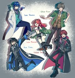 Rule 34 | 1girl, 4boys, animal, animal on shoulder, aqua vest, axia krone, axia krone (1st costume), black cloak, black footwear, black gloves, black jacket, blazer, blue hair, blue neckwear, boots, brown hair, character name, cloak, coat, collared shirt, eden-gumi, fingerless gloves, gloves, green jacket, grey shirt, hair over one eye, hands in pockets, highres, jacket, lab coat, lain paterson, lain paterson (1st costume), lauren iroas, leos vincent, mameneko (leos vincent), mole, mole under eye, multiple boys, necktie, nijisanji, oliver evans, one eye closed, pointing, pointing up, red hair, shirt, smile, usual (usual 1200), v, v-shaped eyebrows, virtual youtuber, white coat, white shirt, yellow neckwear