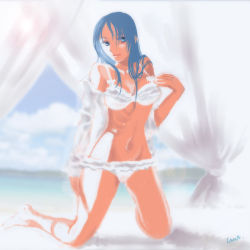 Rule 34 | 1girl, backlighting, beach, bikini, blue eyes, blue hair, bow, bow bra, bra, breasts, cleavage, cloud, curtains, day, faux traditional media, frilled bra, frilled panties, frills, groin, hand on own thigh, hand on thigh, kneeling, large breasts, lens flare, leona heidern, lingerie, lowleg, lowleg panties, matching hair/eyes, navel, panties, ribs, sakura mafumi, shadow, signature, sky, sleeves rolled up, smile, snk, solo, speed painting, swimsuit, the king of fighters, underwear, underwear only