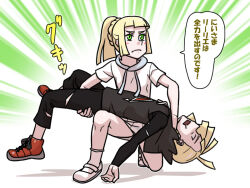 Rule 34 | 1boy, 1girl, ahoge, black pants, black shirt, blonde hair, blunt bangs, blush, brother and sister, closed mouth, commentary request, creatures (company), drooling, frown, game freak, gladion (pokemon), green eyes, grey vest, habatakuhituji, hood, hooded vest, hoodie, lillie (pokemon), long hair, nintendo, pants, pokemon, pokemon sm, ponytail, red footwear, shirt, shoes, short hair, short sleeves, siblings, skirt, socks, speech bubble, torn clothes, torn pants, torn shirt, translation request, vest, white footwear, white shirt, white skirt, white socks