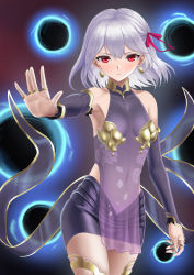 Rule 34 | 1girl, arisku, armpits, bare shoulders, breasts, detached sleeves, dress, earrings, fate/grand order, fate (series), frown, hair between eyes, hair ornament, hair ribbon, highres, jewelry, kama (fate), kama (first ascension) (fate), looking at viewer, magic, purple dress, red eyes, red ribbon, ribbon, ring, see-through, short hair, silver hair, small breasts, solo, thighhighs