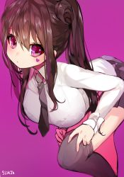 Rule 34 | 1girl, bad id, bad twitter id, black thighhighs, blush, breasts, brown hair, dressing, facial tattoo, heart, heart tattoo, large breasts, long hair, necktie, original, purple background, purple eyes, simple background, skirt, solo, sukja, tattoo, thighhighs, twintails, twitter username