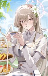 Rule 34 | 1girl, absurdres, blue archive, blue sky, breasts, brown eyes, brown hair, cake stand, capelet, chest harness, cloud, cloudy sky, commentary, cup, day, dress, flower, food, grey neckerchief, hair flower, hair ornament, harness, highres, holding, holding cup, leaf, long hair, long sleeves, looking at viewer, nagisa (blue archive), neckerchief, ori (0rizuru), sailor collar, sky, solo, table, white capelet, white dress, white flower, white sailor collar