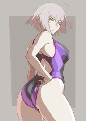 Rule 34 | 1girl, adjusting clothes, adjusting swimsuit, ahoge, annoyed, arched back, ass, bad id, bad pixiv id, bare shoulders, black one-piece swimsuit, blush, breasts, closed mouth, commentary request, competition swimsuit, cowboy shot, fate/grand order, fate (series), from behind, frown, grey background, hip focus, jeanne d&#039;arc (fate), jeanne d&#039;arc alter (avenger) (fate), jeanne d&#039;arc alter (fate), looking at viewer, looking back, medium breasts, mikoyan, one-piece swimsuit, purple one-piece swimsuit, shiny clothes, shiny skin, short hair, silver hair, simple background, solo, standing, swimsuit, thighs, yellow eyes