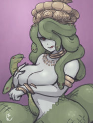 Rule 34 | 1girl, :p, armlet, breasts, female focus, green hair, harusame10000, jewelry, lamia, large breasts, monster girl, necklace, no nipples, original, snake hair, solo, tongue, tongue out