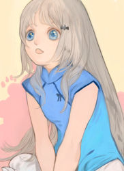 Rule 34 | 1girl, 3838383, bat hair ornament, blue dress, blue eyes, china dress, chinese clothes, dress, grey hair, hair ornament, little busters!, long hair, noumi kudryavka, open mouth, side slit, sleeveless, solo, upper body