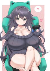 Rule 34 | 1girl, bare legs, bea (bropmlk), black hair, black sweater, breasts, chair, cleavage, commission, controller, crossed legs, flipped hair, game controller, gaming chair, grey eyes, heart, highres, holding, holding controller, holding game controller, huge breasts, light smile, long hair, no pants, off-shoulder sweater, off shoulder, original, ribbed sweater, shortstack, signature, simple background, sitting, skeb commission, sleeves past wrists, solo, spoken heart, striped, striped background, sweater, swivel chair, very long hair