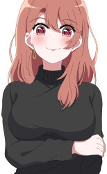 Rule 34 | 1girl, absurdres, arm under breasts, black sweater, blush, breasts, earrings, hair between eyes, highres, holding own arm, jewelry, large breasts, long hair, looking at viewer, oshi no ko, pink hair, red eyes, saitou miyako, shigiri941, simple background, single earring, smile, solo, sweater, turtleneck, turtleneck sweater, white background