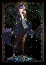Rule 34 | 1boy, absurdres, backlighting, black background, blue flower, blue rose, character name, coat, flower, full body, fur-trimmed coat, fur trim, garry (ib), hair between eyes, high heels, highres, holding, holding flower, ib (kouri), leaf, light particles, long sleeves, looking at viewer, male focus, messy hair, open mouth, parted lips, petals, purple eyes, purple hair, rain, remon (10112), rose, short hair, skirt, solo, standing, torn clothes, torn coat