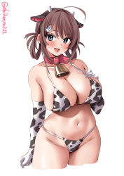 Rule 34 | 1girl, ahoge, alternate costume, animal ears, animal print, bell, bikini, blush, breasts, brown hair, chougei (kancolle), collar, cow print, cow print bikini, cowbell, cropped legs, ebifurya, elbow gloves, fake animal ears, fake horns, gloves, grey eyes, groin, hair ornament, hair rings, highres, horns, kantai collection, large breasts, looking at viewer, navel, neck bell, one-hour drawing challenge, open mouth, print bikini, print gloves, red collar, simple background, solo, stomach, sweatdrop, swimsuit, white background