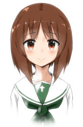 Rule 34 | 10s, 1girl, arms at sides, blush, brown eyes, brown hair, closed mouth, collarbone, girls und panzer, looking at viewer, neckerchief, nishizumi miho, ooarai school uniform, rocha (aloha ro cha), school uniform, shirt, simple background, smile, solo, upper body, white background, white shirt