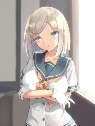 Rule 34 | 10s, 1girl, blue eyes, blush, breast hold, breasts, crossed arms, gloves, hair ornament, hairclip, hamakaze (kancolle), kantai collection, large breasts, open mouth, school uniform, serafuku, short hair, silver hair, solo, standing, u jie, uniform