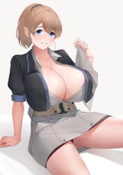 Rule 34 | 1girl, belt, black jacket, blue eyes, breasts, brown hair, cleavage, commentary request, commission, grey skirt, highres, huge breasts, intrepid (kancolle), jacket, kantai collection, looking at viewer, mokuren (mozukukirai88), ponytail, second-party source, short sleeves, signature, simple background, sitting, skeb commission, skirt, smile, solo, teeth, tight clothes