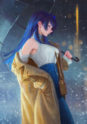 Rule 34 | 1girl, absurdres, bag, blue eyes, blue hair, brown coat, bryuenart, coat, denim, detached sleeves, ear piercing, from side, hair intakes, handbag, high-waist pants, highres, holding, holding umbrella, hololive, hololive english, jeans, long hair, official alternate costume, ouro kronii, pants, piercing, rain, smile, solo, umbrella, virtual youtuber