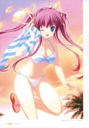 Rule 34 | 1girl, ;d, absurdres, asakura nanao, bikini, blue eyes, blush, breasts, cameltoe, cleavage, front-tie top, hair ribbon, highres, legs, lyrical lyric, mikeou, navel, one eye closed, open mouth, pink hair, ribbon, smile, striped, swimsuit, towel, twintails, white bikini, wink