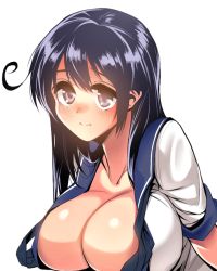 Rule 34 | 10s, 1girl, black eyes, black hair, blush, breasts, cleavage, gen (black factory), kantai collection, large breasts, leaning forward, long hair, open clothes, open shirt, school uniform, serafuku, shirt, simple background, solo, upper body, ushio (kancolle), white background