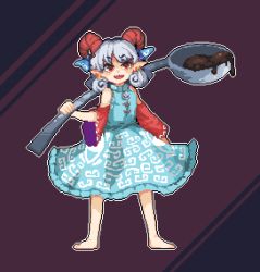 Rule 34 | 1girl, barefoot, blouse, blue ribbon, blue shirt, blue skirt, curled horns, curly hair, earrings, eye print, full body, grey hair, horn ornament, horn ribbon, horns, hui mi (hennji echo), jewelry, looking at viewer, meandros, oil, open mouth, oversized object, patterned clothing, pointy ears, red eyes, red horns, red sleeves, ribbon, sharp teeth, sheep horns, shirt, short hair, skirt, solo, spoon, standing, teeth, touhou, toutetsu yuuma, upper teeth only, utensil