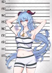 Rule 34 | 1girl, armpits, arms up, bare arms, bare shoulders, blue hair, breasts, cowboy shot, crop top, ganyu (genshin impact), genshin impact, grey background, hair tie in mouth, highres, horns, jiemoyu zz, long hair, looking at viewer, medium breasts, midriff, mouth hold, navel, purple eyes, short shorts, shorts, smile, solo, standing, stomach, striped tank top, tank top, thighs, very long hair, white shorts, white tank top
