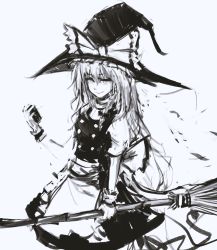 Rule 34 | 1girl, absurdres, bow, braid, broom, brown theme, commentary, dress, english commentary, grey background, greyscale, hair bow, hat, hat bow, highres, holding, holding broom, huge bow, kirisame marisa, long hair, merpperoni, monochrome, parted lips, side braid, sketch, smile, solo, touhou, witch hat