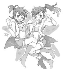 Rule 34 | 2girls, ;d, bad id, bad pixiv id, blush, boots, choker, cool &amp; sexy (idolmaster), futami ami, futami mami, greyscale, idolmaster, idolmaster (classic), long hair, monochrome, multiple girls, navel, one eye closed, open mouth, popoin, short hair, siblings, side ponytail, sisters, smile, suspenders, thighs, twins, wink
