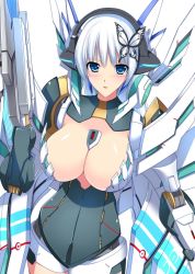 Rule 34 | 1girl, blue eyes, blue hair, blush, breasts, butterfly hair ornament, female focus, hair ornament, highres, large breasts, matching hair/eyes, minamon (vittel221), original, parted lips, phantasy star, phantasy star online 2, simple background, solo, white background, white hair