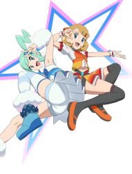 Rule 34 | 2girls, :d, armpits, black thighhighs, blonde hair, blue eyes, blue footwear, boots, commentary request, creatures (company), earrings, eyelashes, game freak, green eyes, green hair, hair ornament, hairclip, happy, highres, ia (ilwmael9), jewelry, lisia (pokemon), looking at viewer, multiple girls, nintendo, open mouth, orange footwear, overskirt, pokemon, pokemon (anime), pokemon journeys, pokemon swsh105, serena (pokemon), shirt, shoes, short hair, short sleeves, shorts, shorts under skirt, single thighhigh, smile, striped clothes, striped thighhighs, swept bangs, thighhighs, tongue, w, white shirt, white shorts