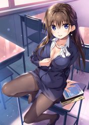 Rule 34 | 1girl, :d, arm support, blouse, blue eyes, blue footwear, blue jacket, blue skirt, blurry, bokeh, boku no kanojo sensei, breasts, brown hair, brown pantyhose, chair, classroom, cleavage, collarbone, collared shirt, depth of field, desk, earrings, formal, full body, hair between eyes, hair intakes, half updo, high heels, highres, indoors, jacket, jewelry, large breasts, long hair, looking at viewer, miniskirt, open clothes, open mouth, open shirt, oryo (oryo04), pantyhose, pearl earrings, pencil skirt, pocket, pumps, school chair, school desk, shirt, sitting, skirt, skirt suit, smile, solo, suit, very long hair, white shirt