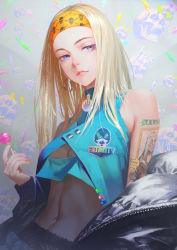 Rule 34 | 1girl, absurdres, bare shoulders, blonde hair, blue eyes, blue nails, breasts, candy, cleavage, commentary, earrings, english commentary, face, food, green nails, headband, highres, hoop earrings, jacket, jewelry, lips, lollipop, long hair, midriff, multicolored nails, nababa, nail polish, navel, original, parted lips, ring, sleeveless, solo, yellow nails