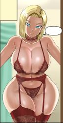 Rule 34 | 1girl, android 18, blonde hair, blue eyes, bra, breasts, choker, cleavage, closed mouth, collarbone, dragon ball, earrings, garter belt, garter straps, highres, hoop earrings, huge breasts, jewelry, lingerie, looking at viewer, navel, panties, pinkpawg, red bra, red choker, red panties, red thighhighs, short hair, smile, solo, speech bubble, straight-on, thick thighs, thighhighs, thighs, underwear, wide hips