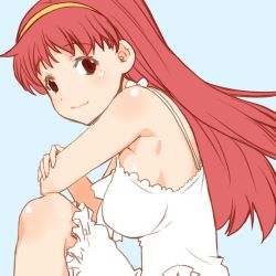 Rule 34 | 1girl, bare shoulders, blue background, breasts, looking at viewer, lowres, red eyes, red hair, shinama, simple background, smile, solo, tokimeki memorial