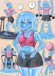 Rule 34 | ball, blue eyes, blue hair, blue skin, breasts, colored skin, crop top, dumbbell, exercising, gym, highres, medium breasts, monster girl, slime girl, struggling, treadmill, weightlifting